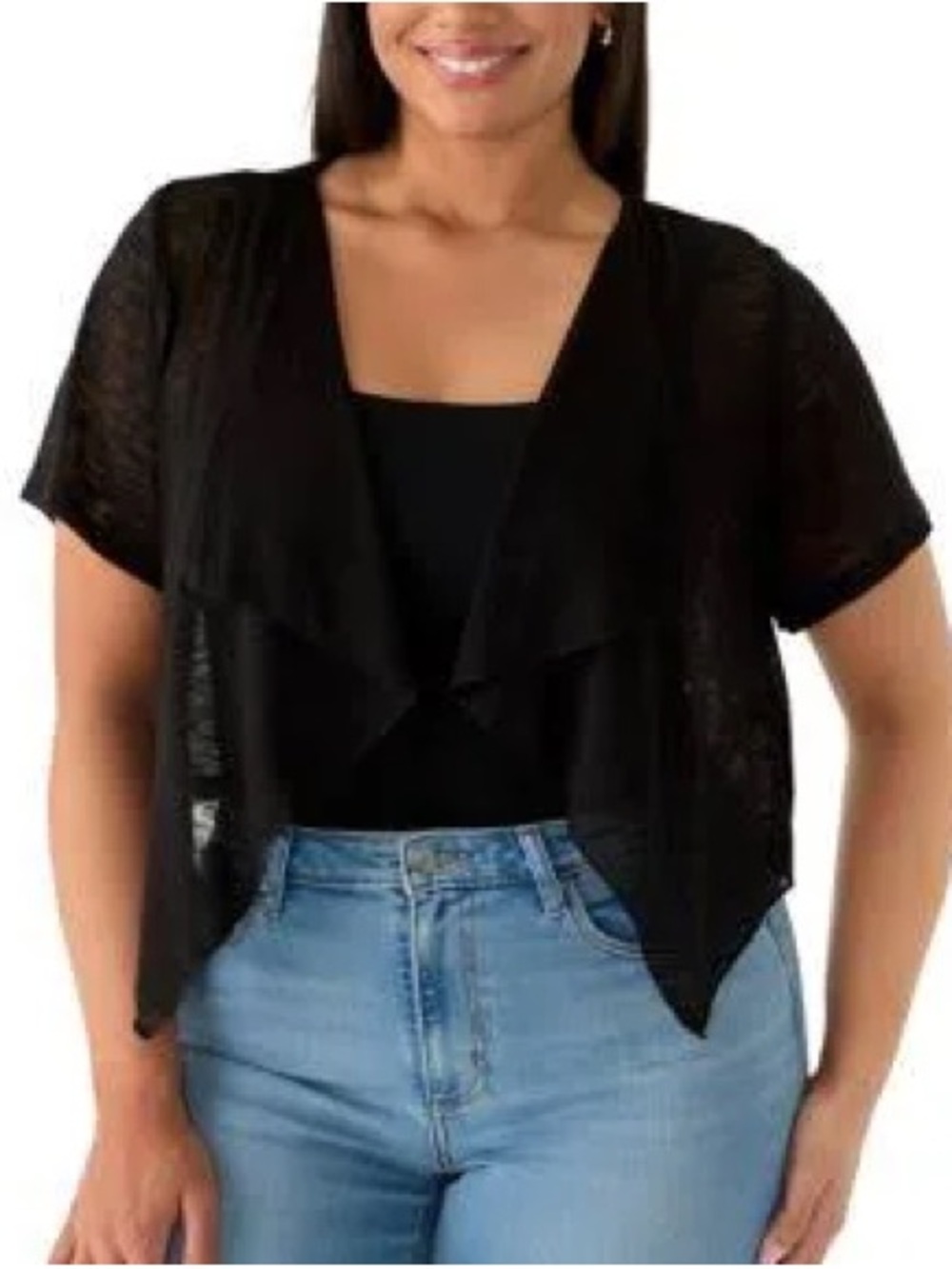 Perceptions: Black Short-Sleeve Open Front Cropped Sweater